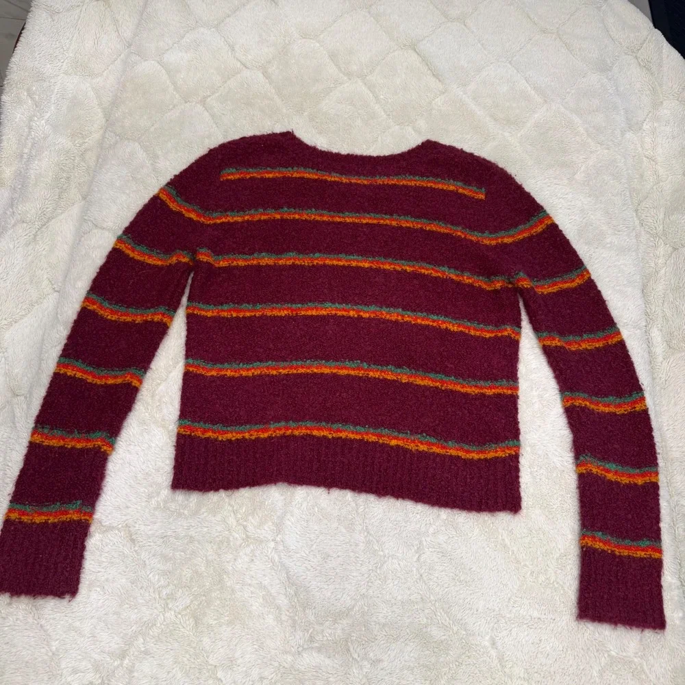 Free People Alpaca Blend Sweater Womens M Burgundy Striped Boucle Boho Pullover